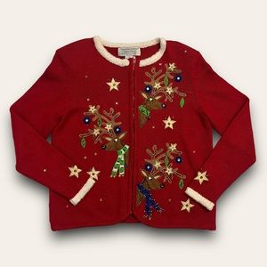 Vintage Festive Red Cardigan with Reindeer and Stars